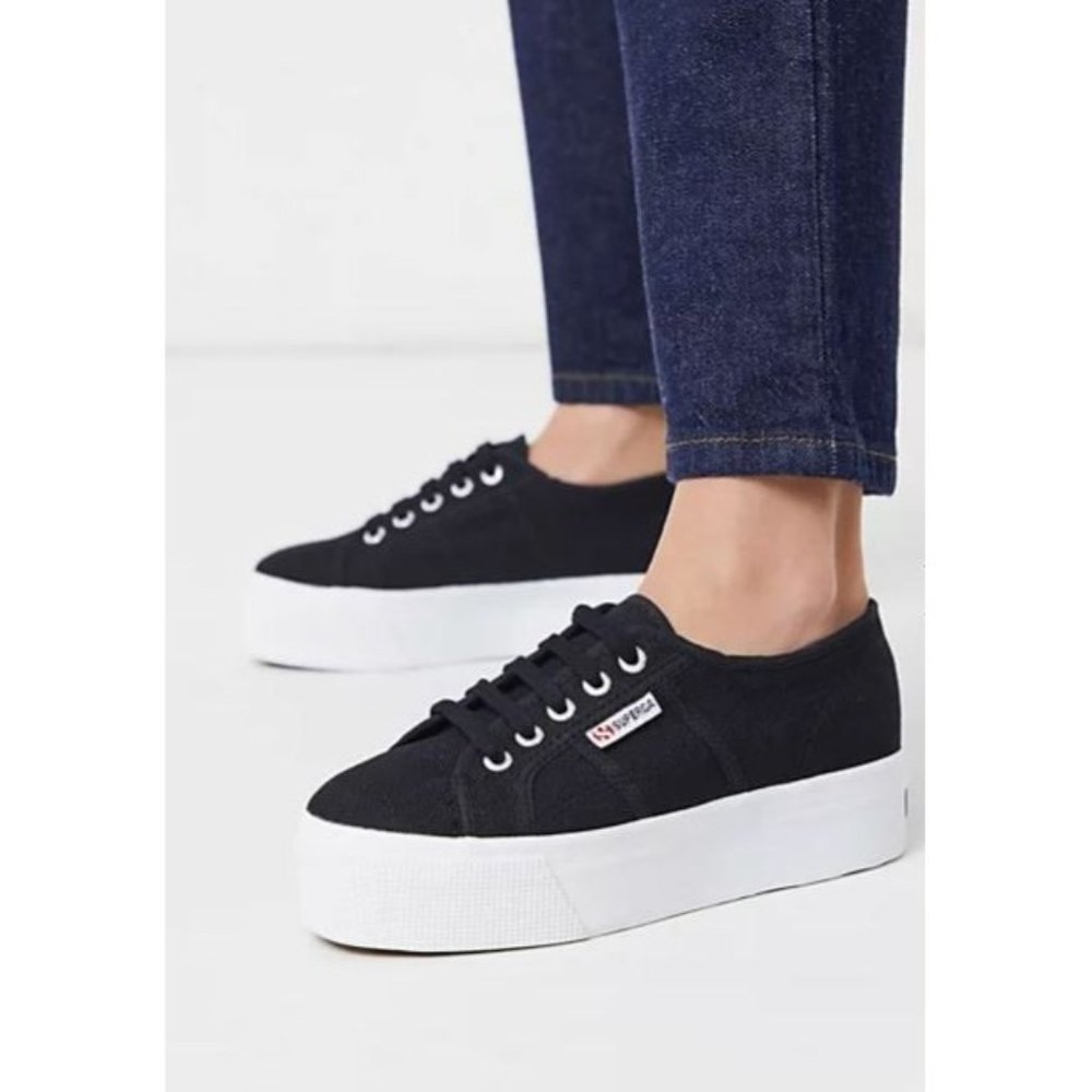 Superga Womens Black Canvas Lace Up Platform Sneakers Size‎ 38 2790 4cm